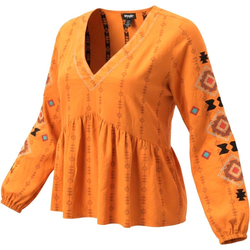 Wrangler Retro Blouse Top Womens XL Yellow Geometric Print V Neck Puff Sleeve